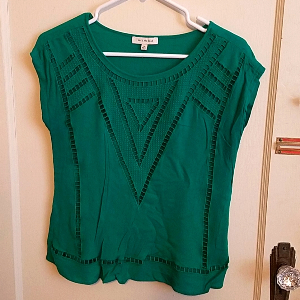 Skies are Blue Kelly Green Crochet Detail Blouse
